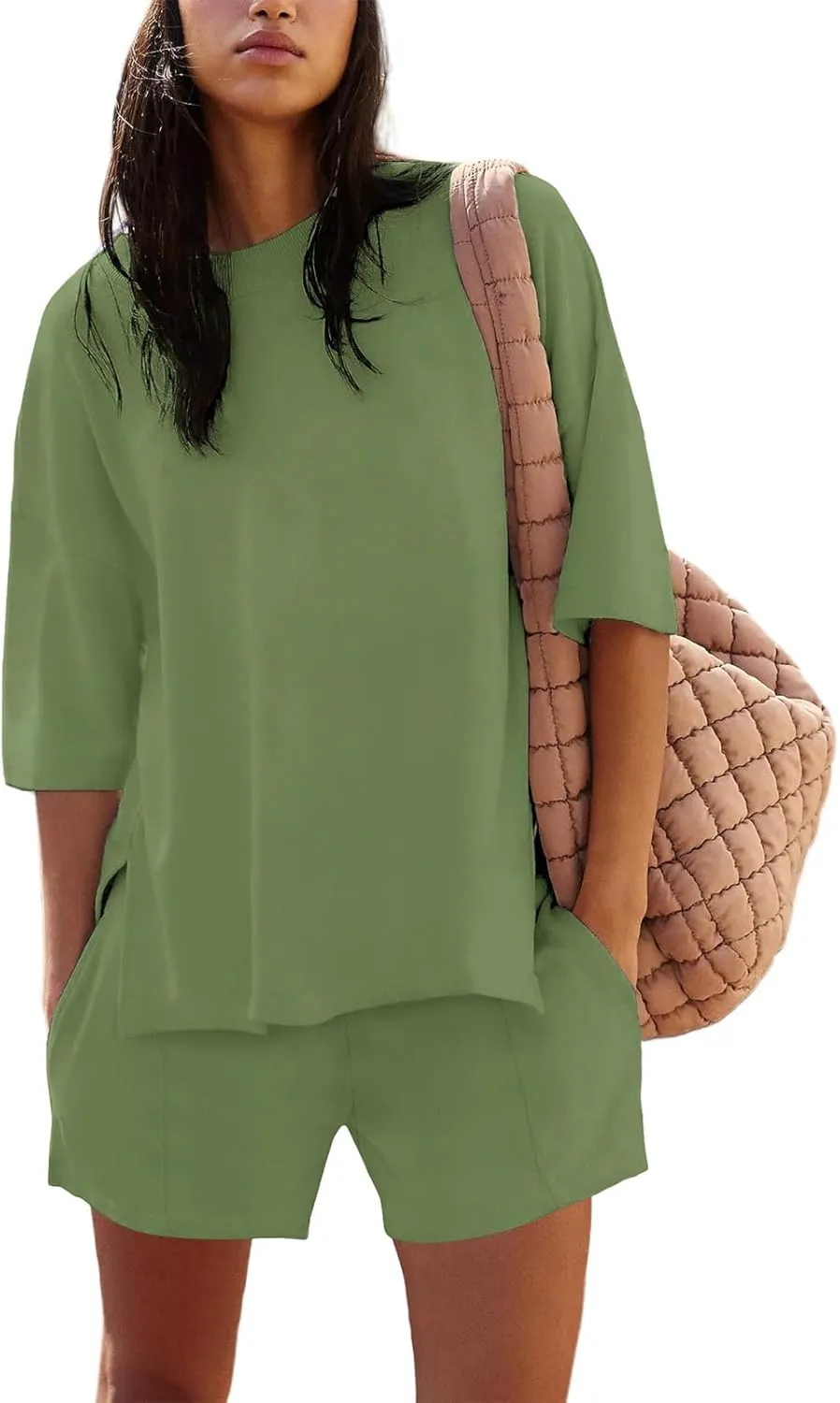 Womens Shorts Sets 2 Piece Outfits Summer 2025 Half Sleeve Crew Neck Cotton Lounge Sets Matching Clothing
