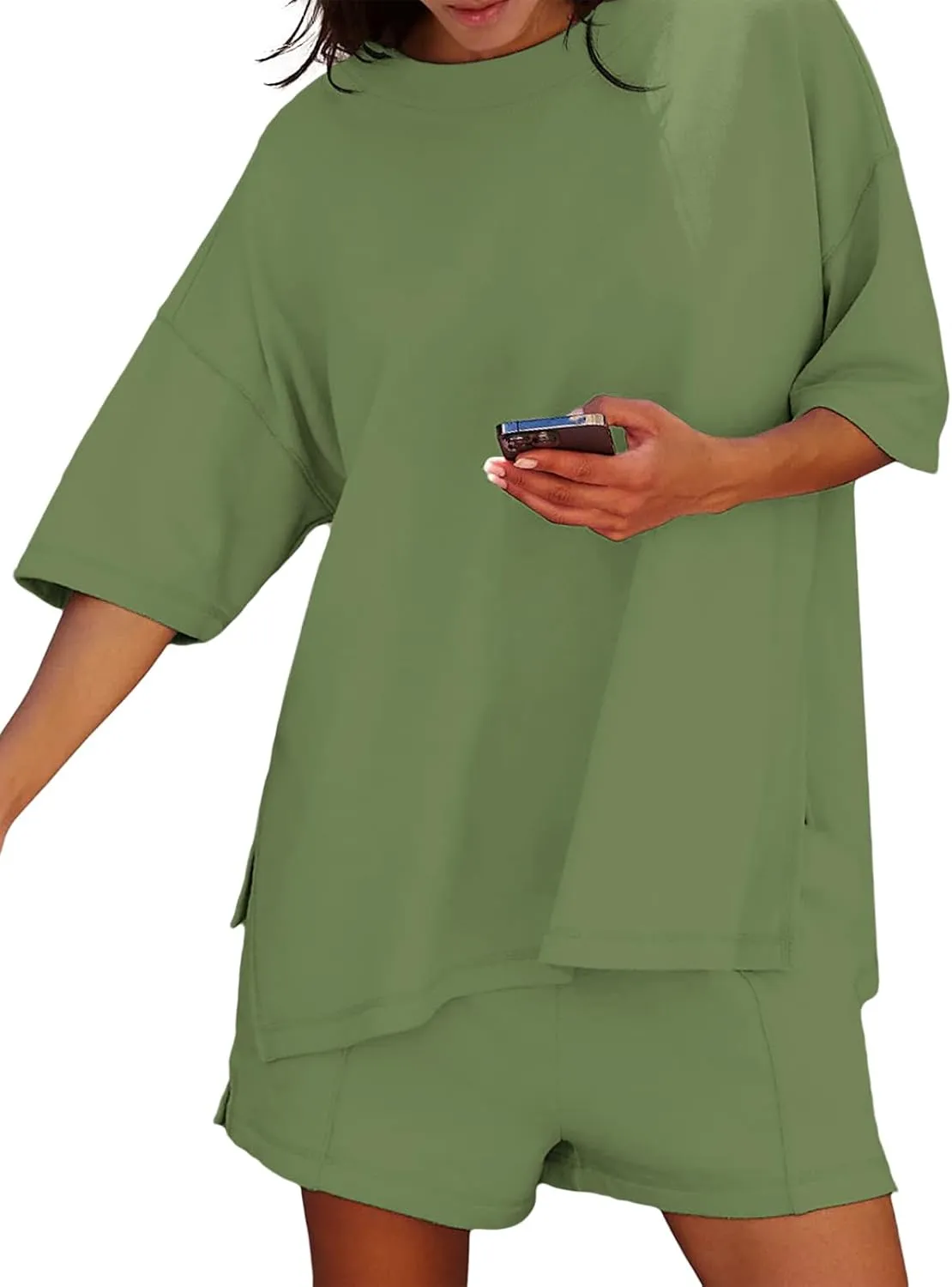 Womens Shorts Sets 2 Piece Outfits Summer 2025 Half Sleeve Crew Neck Cotton Lounge Sets Matching Clothing