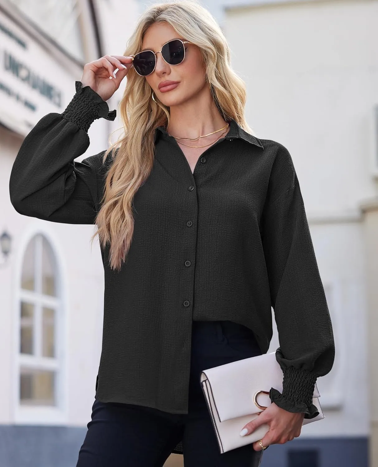 Women's Striped Button Down Shirts Long Sleeve Smocked Cuffed Oversized Boyfriend Blouses Collared Work No Pockets Tops