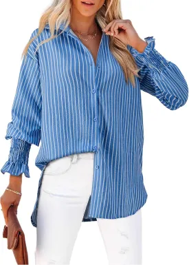 Women's Striped Button Down Shirts Long Sleeve Smocked Cuffed Oversized Boyfriend Blouses Collared Work No Pockets Tops