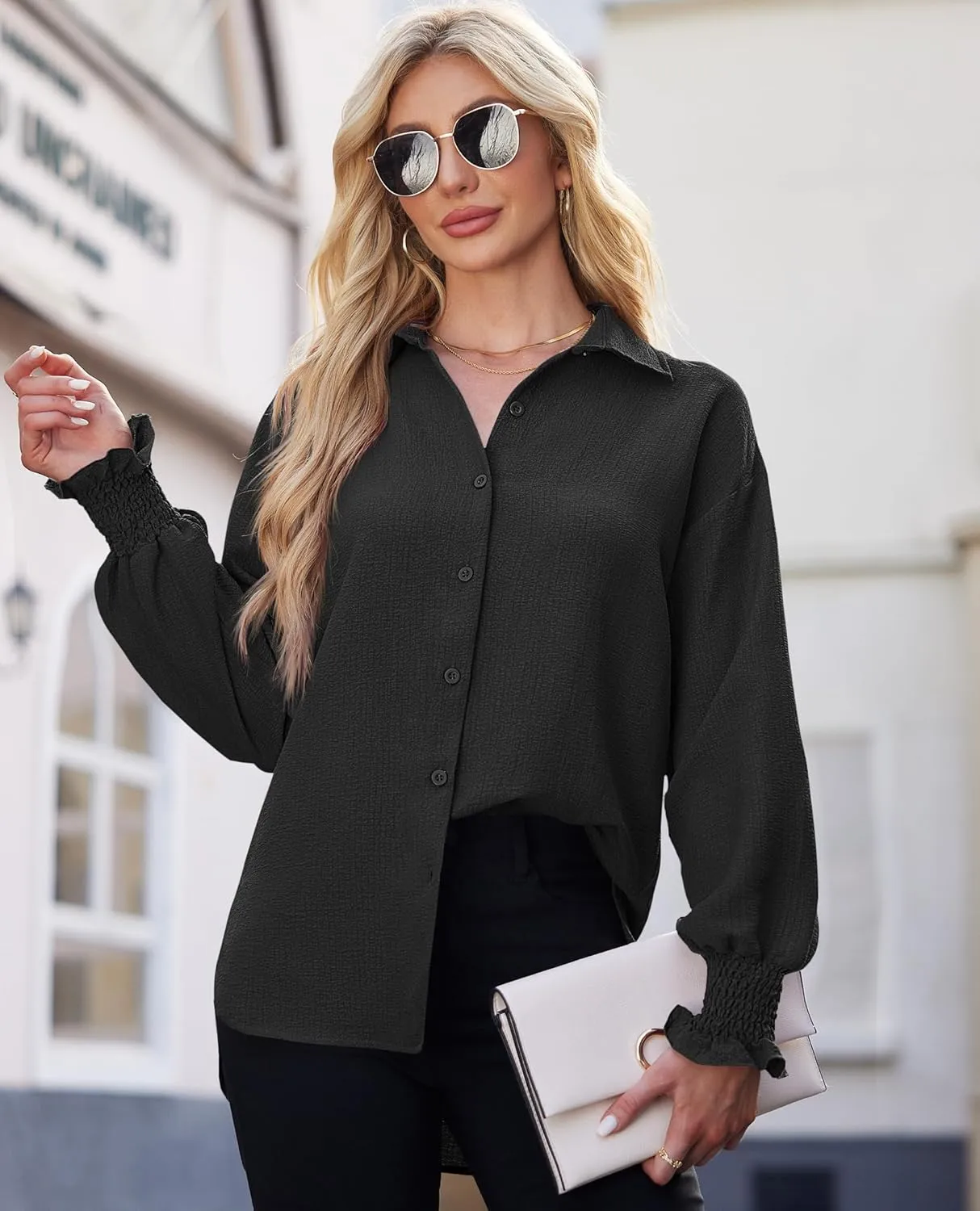 Women's Striped Button Down Shirts Long Sleeve Smocked Cuffed Oversized Boyfriend Blouses Collared Work No Pockets Tops