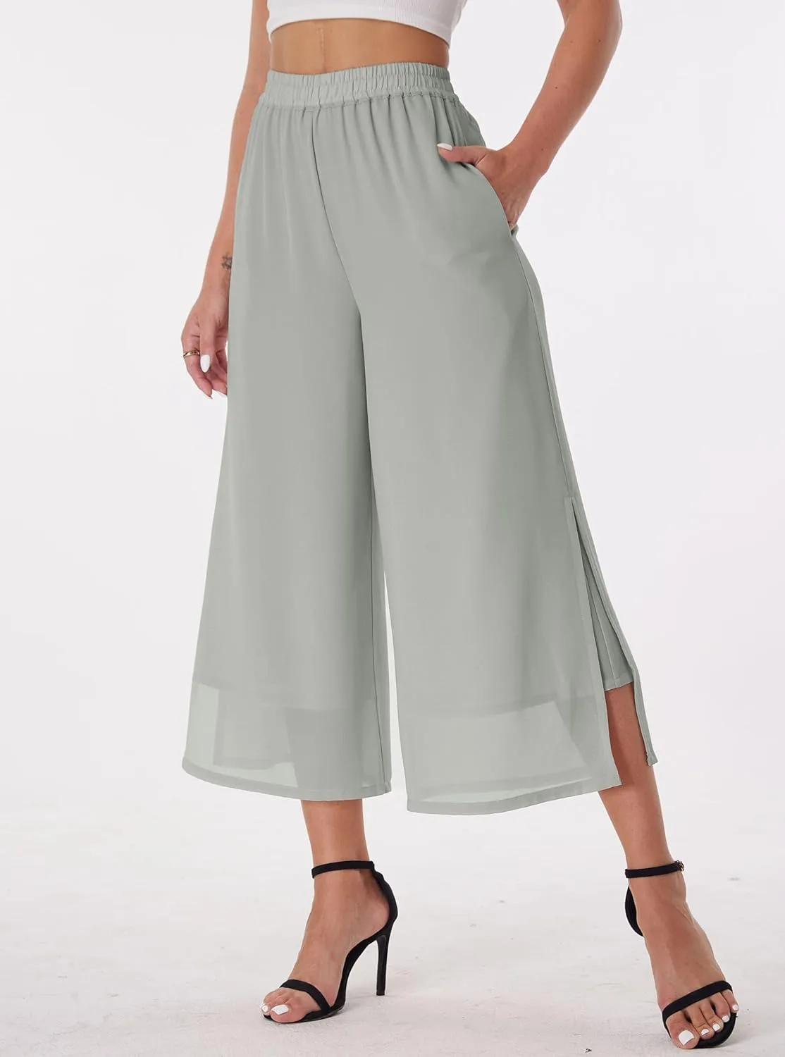 Women's Summer Capris Wide Leg Palazzo Pants Dressy Casual Split Chiffon Trousers