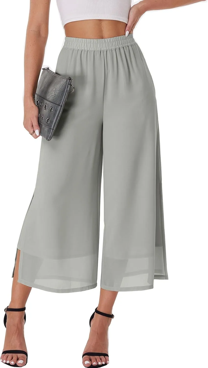 Women's Summer Capris Wide Leg Palazzo Pants Dressy Casual Split Chiffon Trousers