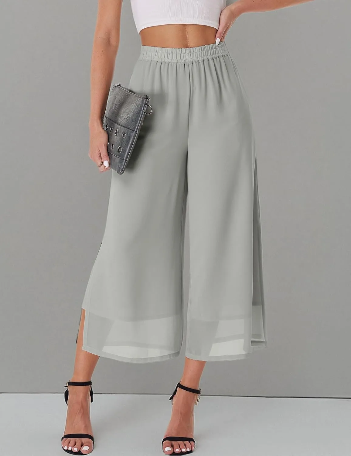Women's Summer Capris Wide Leg Palazzo Pants Dressy Casual Split Chiffon Trousers