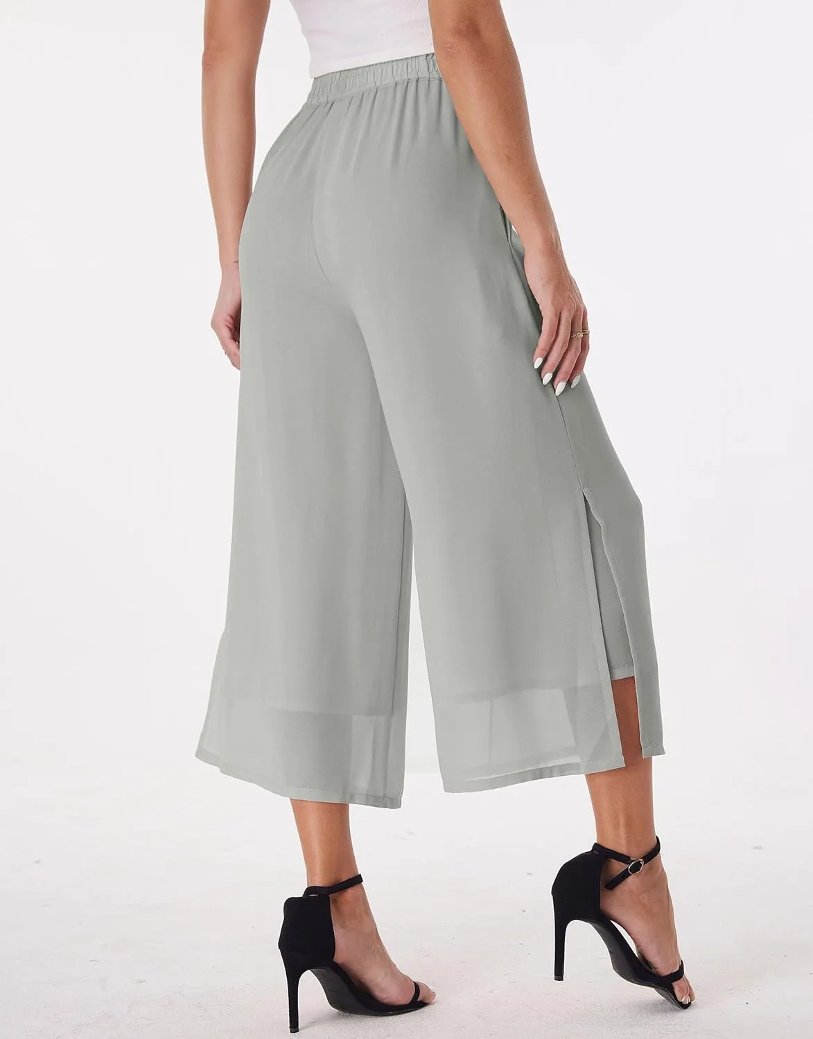 Women's Summer Capris Wide Leg Palazzo Pants Dressy Casual Split Chiffon Trousers