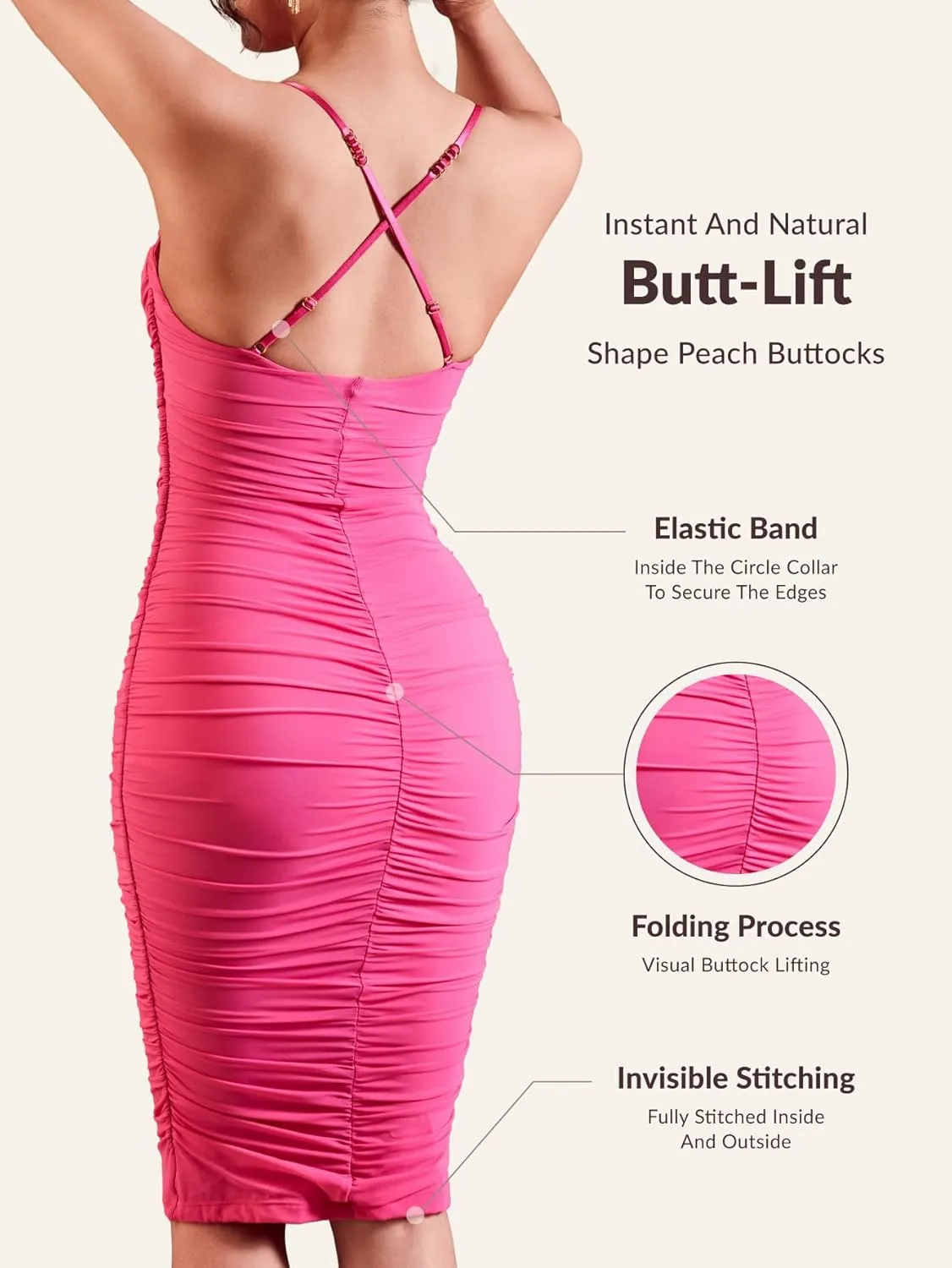Womens Summer Ruched Mesh Bodycon Midi Dress, Built-in Bra and Shapewear, Deep V-Neck and Spaghetti Straps
