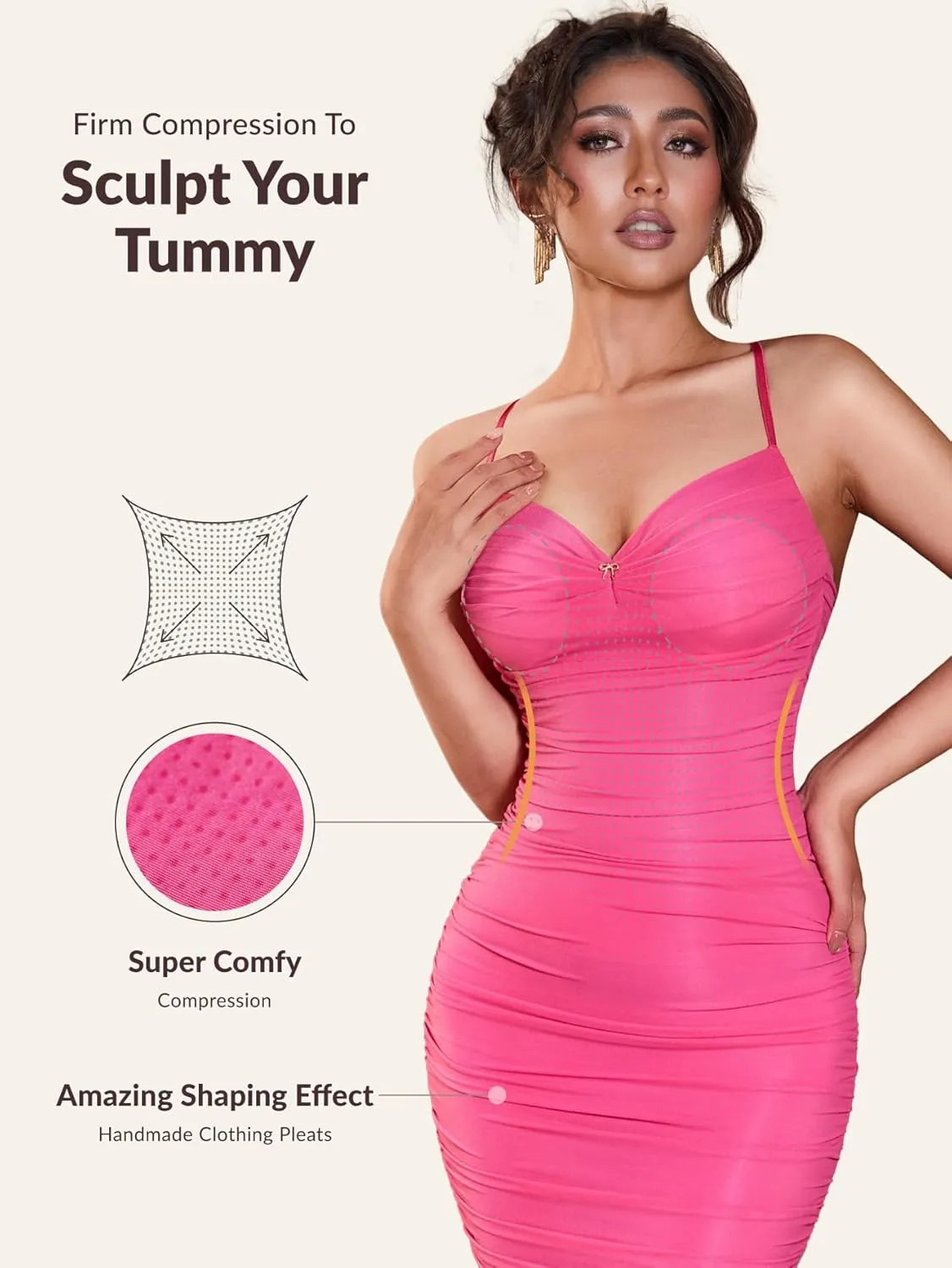 Womens Summer Ruched Mesh Bodycon Midi Dress, Built-in Bra and Shapewear, Deep V-Neck and Spaghetti Straps