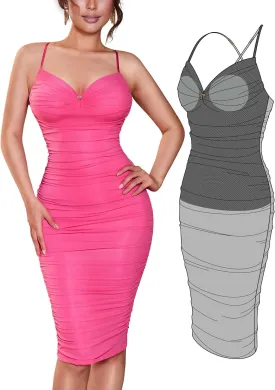 Womens Summer Ruched Mesh Bodycon Midi Dress, Built-in Bra and Shapewear, Deep V-Neck and Spaghetti Straps