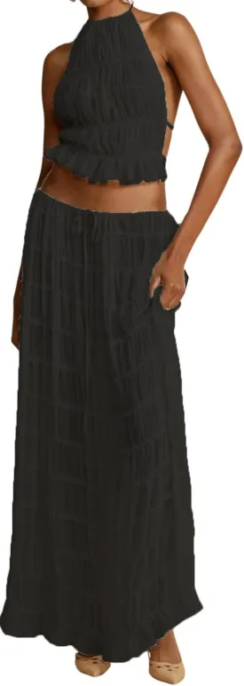 Womens Y2k Maxi Skirt Set Backless Lace Halter Crop Top and Long Skirt Sets Beach Cocktail Club Dress 2 PCS Outfit