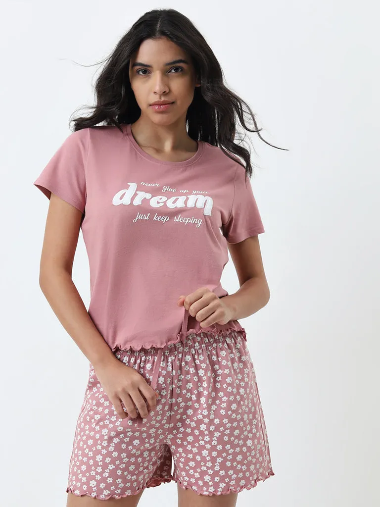 Wunderlove Dusty Pink Text Print Cotton Shorts Set In A Bag