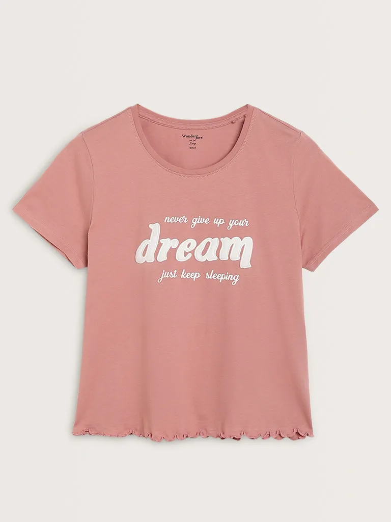 Wunderlove Dusty Pink Text Print Cotton Shorts Set In A Bag