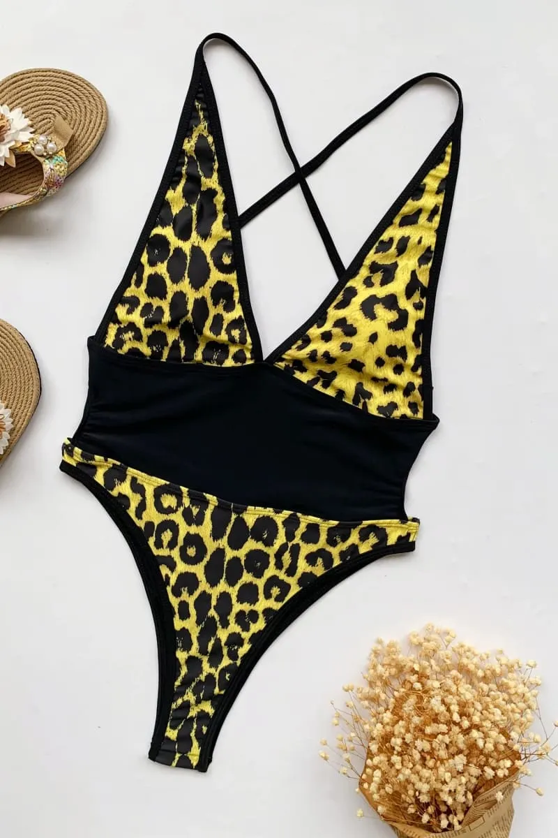 Yellow Leopard Print One Piece Swimsuit
