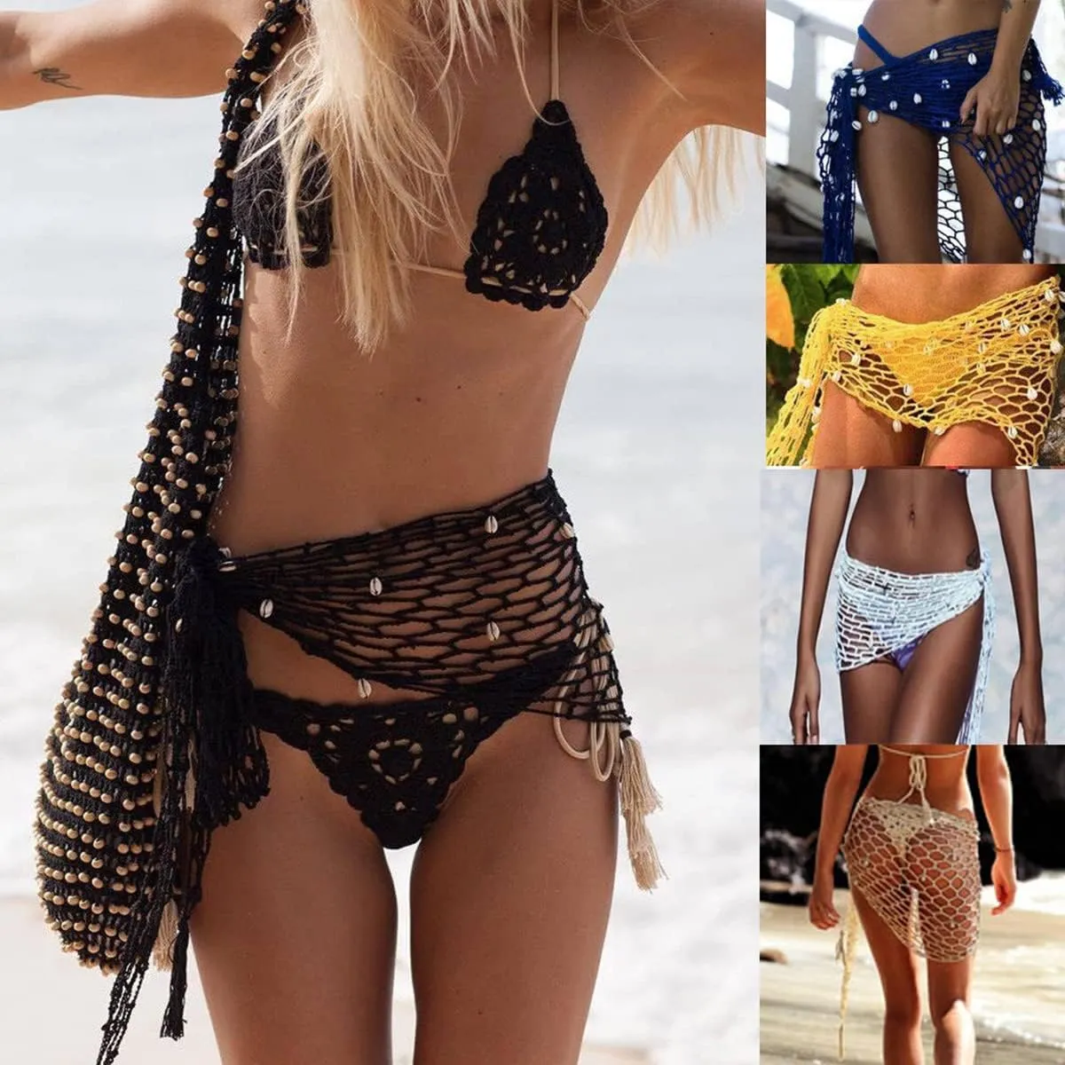 ZAFUL Women's Crochet Beach Cover Up Skirt for Swimsuit Shells Tassel Hollow Out Knit Bikini Wrap Swimwear Sarongs