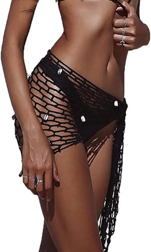 ZAFUL Women's Crochet Beach Cover Up Skirt for Swimsuit Shells Tassel Hollow Out Knit Bikini Wrap Swimwear Sarongs