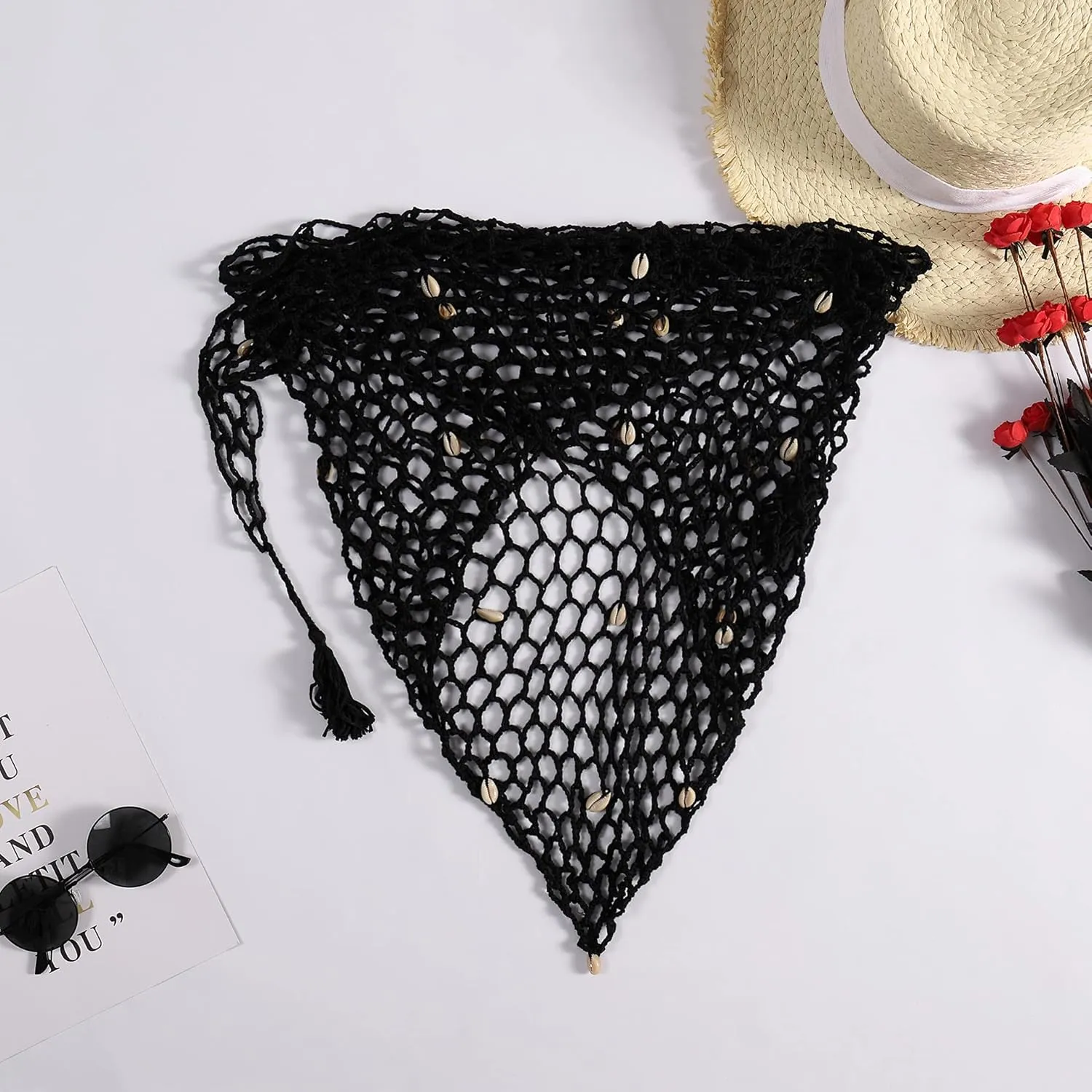 ZAFUL Women's Crochet Beach Cover Up Skirt for Swimsuit Shells Tassel Hollow Out Knit Bikini Wrap Swimwear Sarongs