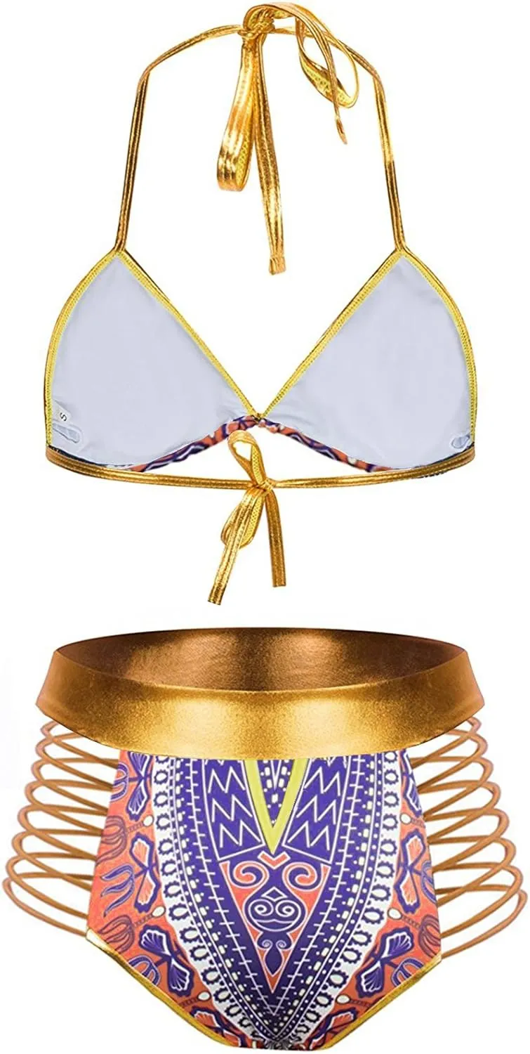 Zando Women Tribal Print Bikini African Metallic Swimsuit Two Piece Beachwear Cutout Halter Neck Bathing Suit Swimwear