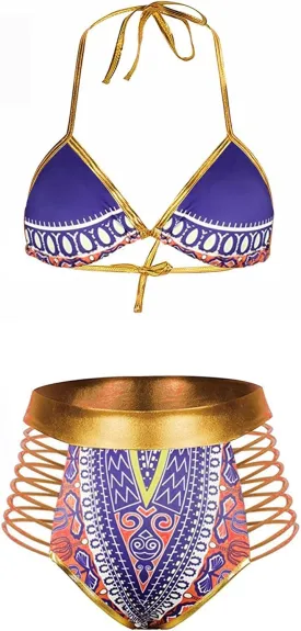 Zando Women Tribal Print Bikini African Metallic Swimsuit Two Piece Beachwear Cutout Halter Neck Bathing Suit Swimwear